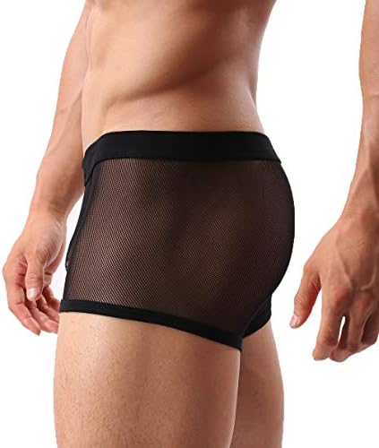 Mens Sexy Underwear Breathable Mesh Boxer Briefs See Through Hollow Lingerie Black Medium