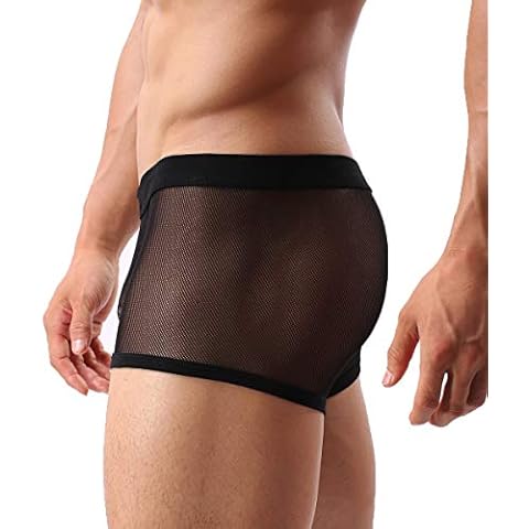 Mens Sexy Underwear Breathable Mesh Boxer Briefs See Through Hollow Lingerie Black Medium Cover