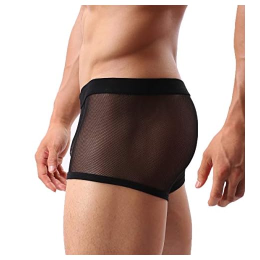 Mens Sexy Underwear Breathable Mesh Boxer Briefs See Through Hollow Lingerie Black Medium
