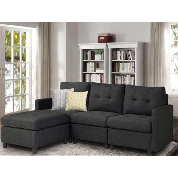 asunflower Convertible Sectional Sofa Set with Ottoman 3 Seats Modular Sectional Fabric Couches for Living Room Apartment Home Office - Deep Grey