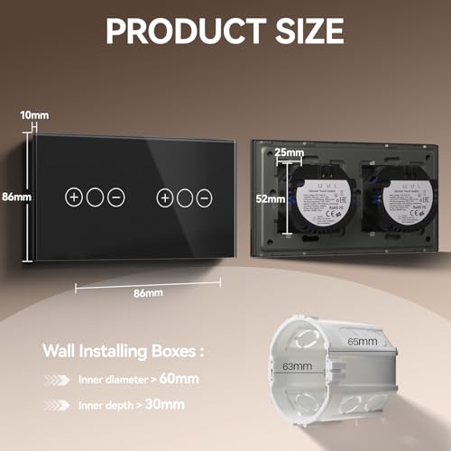 BSEED DimmSchalter für LED-Lampen, Touch Lichtschalter aus Glas, Non-wifi Schalter 240V für eine perfekte Listimmungsvolle, 1 Fach 1 Weg mit 1 Fach 2 Wege Schwarz