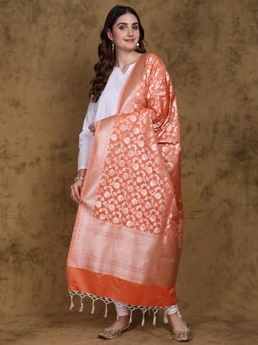 Women's Art Silk Dupatta with All Over Floral Vines and Fringes Beautiful Silver Threads Flowers Stole Chunni2