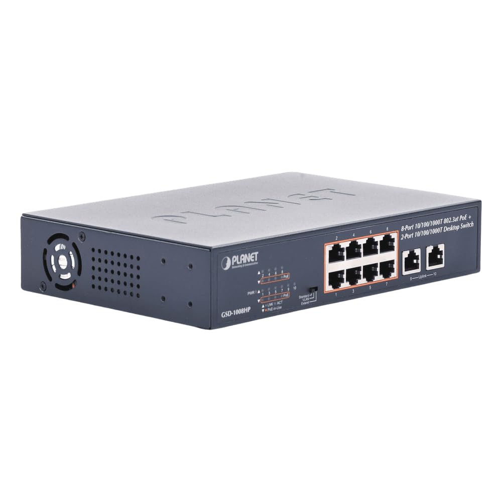 Planet 8-Port 10/100/1000T 802.3at PoE + 2-Port 10/100/1000T, GSD-1008HP (PoE + 2-Port 10/100/1000T Desktop Switch (120W PoE Budget, Standard/VLAN/Extend Mode, 10-inch and Rack-Mou)