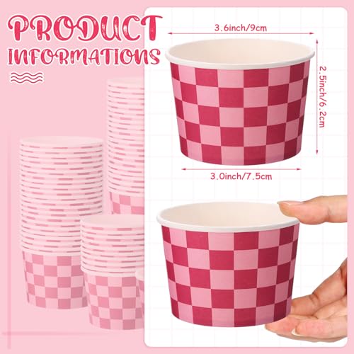 Image of Zopeal 50 Count Pink and Hot Pink Checkered Ice Cream Cups 9 oz Race Car | Disposable Dessert Bowls, Paper Ice Cream Bowls, Birthday Party Supplies, Snack Cups Sundae Picnic Yogurt Bowls for Food