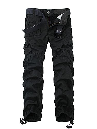 OCHENTA Men's Cotton Washed Multi Pockets Military Cargo Pant #3380 Black 34