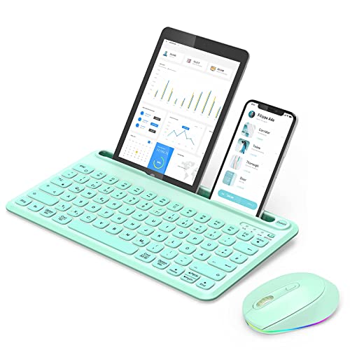 Bluetooth Tastatur mit Maus, 3 Kanäle Beleuchtete Kabellose Tastatur mit Tablet Halterung, Wiederaufladbare QWERTZ Funktastatur und RGB Maus DPI 2400 für iOS/Android/Windows, Tablet, Grün Cover