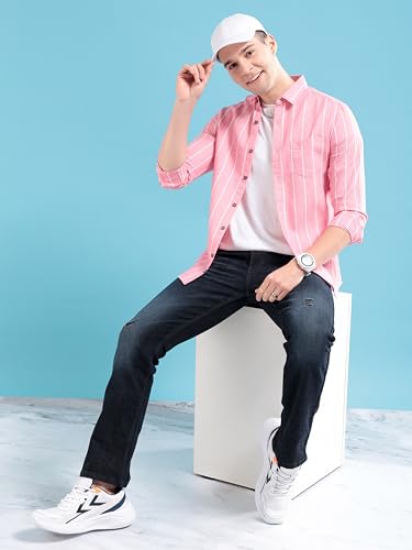 Image of The Indian Garage Co Men Regular Fit Striped Full Sleeves Cutaway Collar Casual Shirt