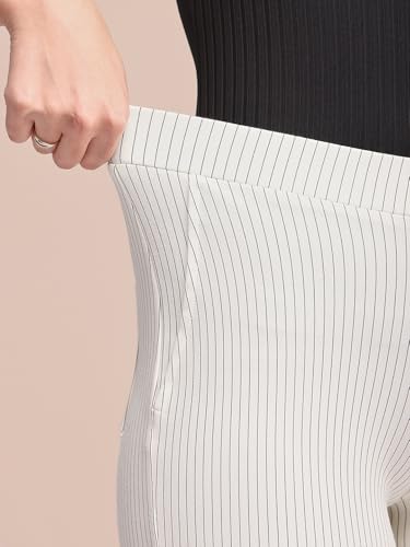 Image of FableStreet Women's Formal Trousers | High-Rise Striped Wide-Leg Design | Ankle-Length Flat Front with Patch Pockets | Elegant Office Wear for Business Meetings| Ivory