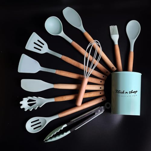 Image of Premium Silicone Kitchen Spatula Set for Cooking | Heat Resistant Spatula for Non Stick Pan with Wooden Handle & Holder | Steel Core Silicone Spatula | Non-Stick Kitchen Utensils Set (12 Pcs)