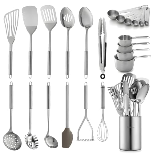 Abodpove Stainless Steel Cooking Utensils, 23 PCS Stainless - Steel Kitchen Utensil Set with Utensils Holder, Stainless Steel Utensils Set with Spatula, Potato Masher, Whisk, Spoons, Turners