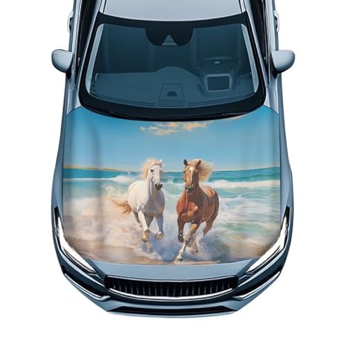 Image of Horse Beach Print Car Hood Cover Elastic Fabrics Automotive Hood Covers Washed Vehicles Decorate Suitable for SUV and Pickup Trucks (59.05 X 39.37 inches)