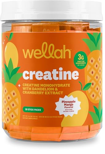 Image of Wellah Creatine for Women (Pineapple Mango) 30 Stick Packs, 3g Per Serving | With Dandelion, D-Mannose & Cranberry Extract, To-Go Packets