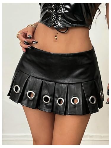WDIRARA Women's Y2k PU Leather Low Waist Mini Skirt Eyelet Grommet Pleated Skirts2