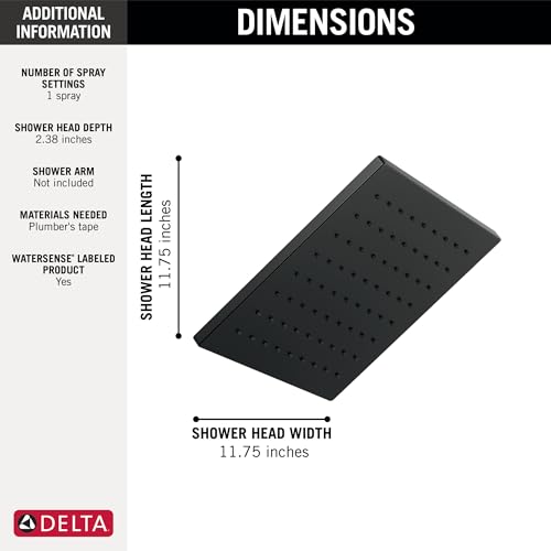 Delta Matte Black Square Rain Shower Head, 12 Inch Metal Large Shower Head Rainfall, Overhead Rain Showerhead, 1.75 GPM Flow Rate, Matte Black 52159-BL - image 3