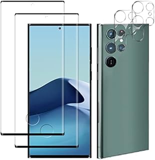 For Samsung Galaxy S22 Ultra Screen Protector, Tempered Glass Curved Full Coverage, Anti-Scratch, Touch Sensitive, Ultra HD Saver Shield Film, 2 Curved Screen Protectors + 2 Camera Lens Protectors