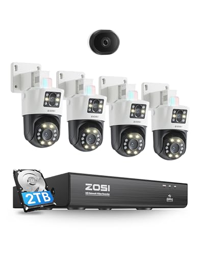 ZOSI C298 4K Dual-Lens PoE Security Camera System with 2TB HDD, 4 x 4K 8MP Pan/Tilt (2x4MP) PoE 360 Camera Outdoor, C680 2K Window Security Camera with Full Color Night Vision, AI Human/Vehicle Detect