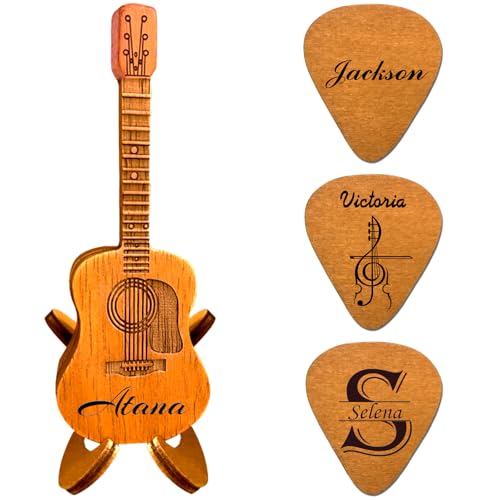 Personalisierte Gitarren-Pick-Halter, Custom Guitar Picks und Gitarren-Pick-Etui kann graviert werden, Holz Akustikgitarre Pick Case Geschenke für Musiker. （Enthält 3 PCS Gitarren-Pick）