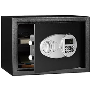 Amazon Basics Steel Security Safe and Lock Box with Electronic Keypad – Secure Cash, Jewelry, ID Documents, 0.5 Cubic Feet, Black, 13.8″ W x 9.8″ D x 9.8″ H