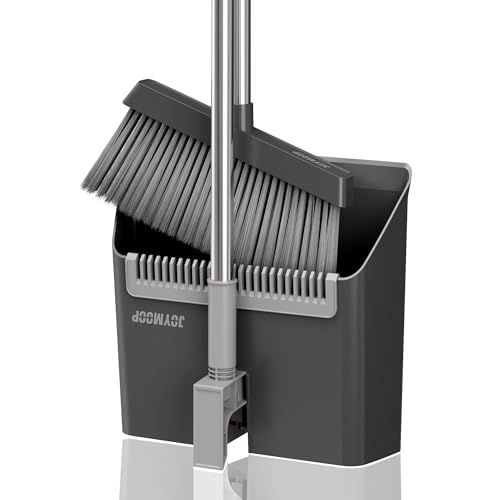 image for JOYMOOP Black Broom and Dustpan Set, Upright Angle Design with Built-i