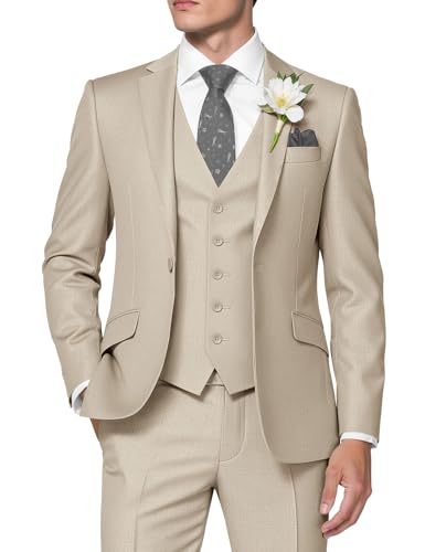 HUUTOE Men's 3 Piece Suit Slim Fit Prom Suits Tuxedo for Men Wedding Formal Mens Suit Solid Blazer Jacket Vest Pants Set, Beige, XL