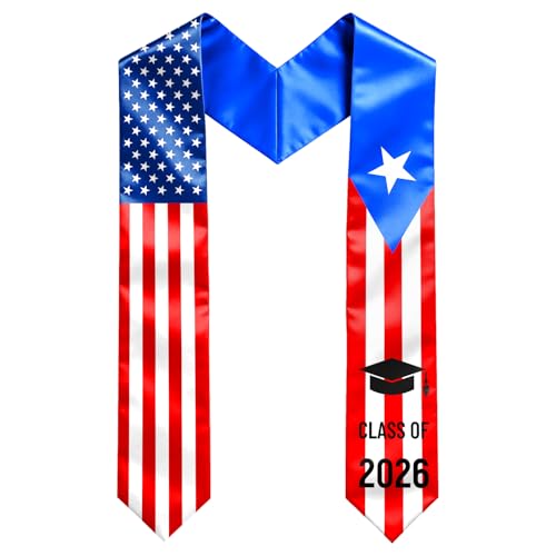 DASAOFA Puerto Rico Graduation Stole Class of 2026 72 Inch Puerto Rico & American Flag Graduation Sash for College