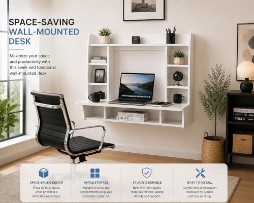 Image of Versatile Wall Mount Floating Computer Desk - Stylish and Space-Saving Writing Study Table with Shelves - Ideal for Living Room, Bedroom, and Home Office, White