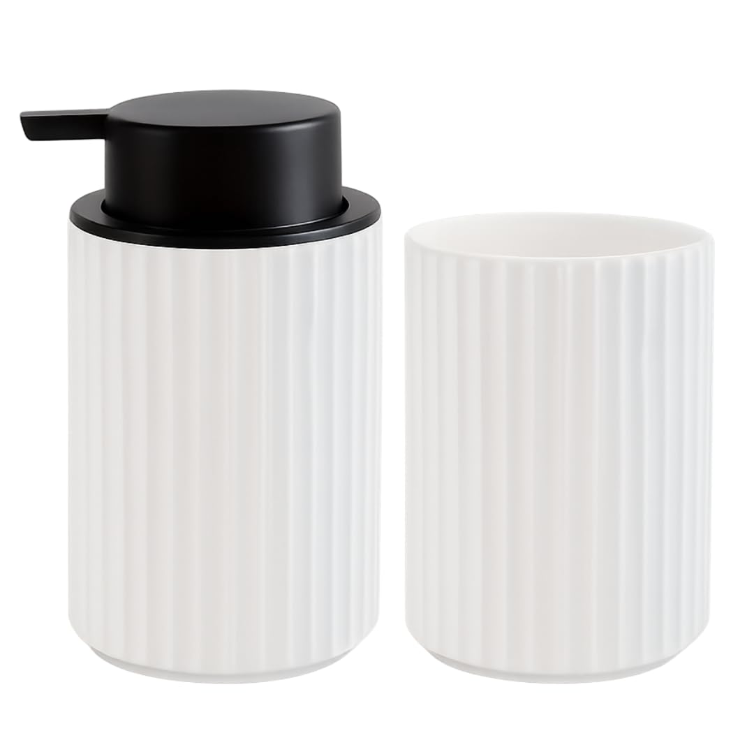 Juego dispensador jabon baƱo y Vaso, dispensador de jabón y portacepillos para baƱo Moderno 300ml, Accesorios Cocina y baƱo, jabón lĆquido y Gel Recargable, Botella de jabón (Blanco y Negro)