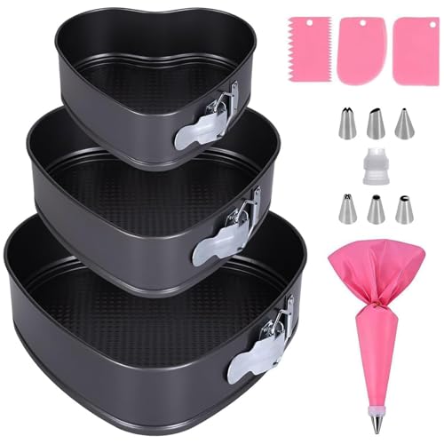 COEWUR 3 Pcs Heart Shaped Cake Tin with Piping Bags and Nozzles Set
