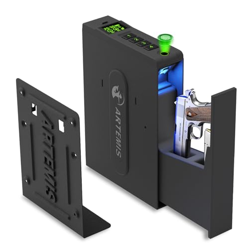 Biometric Slider Handgun Gun Safe for Home Nightstand,Cloakroom, Desk,Bed Side,Truck, Artemis Auto Sliding Door Hand Gun Safe for Pistol Unlock Fingerprint，Digital PIN，Key Access