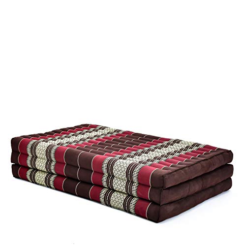 Leewadee XL Colchón Ancho Tailandés Plegable, 207x105x8 cm, Cama de Huéspedes Esterilla De Yoga Colchón De Invitados Almohada de Masaje Tailandesa TV Asiento de Suelo con Respaldo, Capok, marrón Rojo