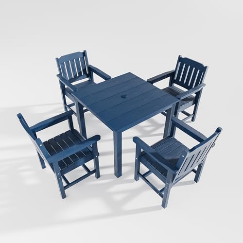 Mosbrisa Poly Lumber Patio Dining Set, HIPS Outdoor 36.2-Inches Dining Table and Slat Back Chairs, with Umbrella Hole, Weather Resistant (5 Piece, Navy Blue)