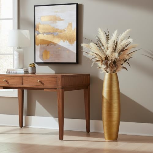 Image of Tall Floor Vase, 27.5 inches (70cm, 2.3FT) Tall Vases Sturdy, Luxury, Textured for Decorative Branches Dried Flowers, Floor Vase for Rustic Living Room, Shelf Decor, Resin Gold