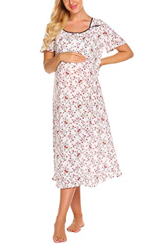 Ekouaer Women's Nightgowns Vintage Style Short Sleeve Sleepwear,White,Medium