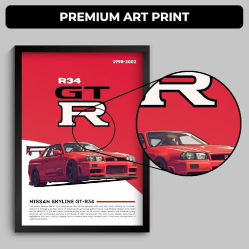 Image of Nissan GTR R34 Poster | Framed Poster of Nissan Godzilla A4 Sized (31 x 23 cm) | JDM Car Posters for Wall, Supercar Frame | R34 GTR Supercar Frames | Car Posters for Wall, Bedroom, Hostel, Study Room (F 055)