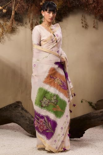 Image of SGF11 Women's Soft Cotton Linen Silk Saree With Unstitched Blouse Piece
