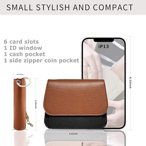 Image of Women Small Wallet RFID Blocking Slim Wallet with Coin Pocket Tri-Fold Credit Card Holder with ID Window and Keychain(Brown&Black)