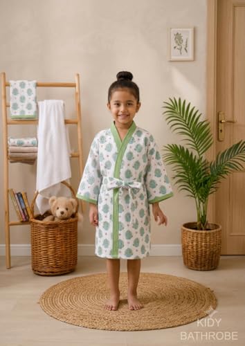Image of Hand Block Print Waffle Cotton Fabric Kid's Bathrobes Loungewear lightweight Traditional Handblock Printed Bathrobe For Boy & Girls (Suitable for kids 9 to 12 years old) Green