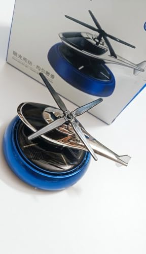Image of Solar Powered Helicopter Car Dashboard Ornament, Rotating Air Freshener with Blue Base.