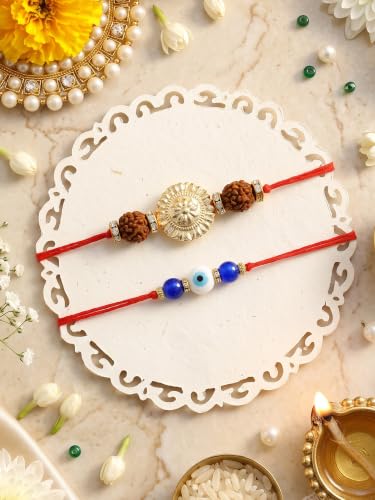 Image of Karatcart Rakhi for Brother Gold-Plated Kundan Rakhi Set of 2 with Roli Chawal