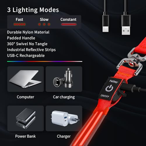 LED Dog Leash, Reflective Waterproof Light Up Safety Leashes, 6FT, Red by PetIsay - Image 6