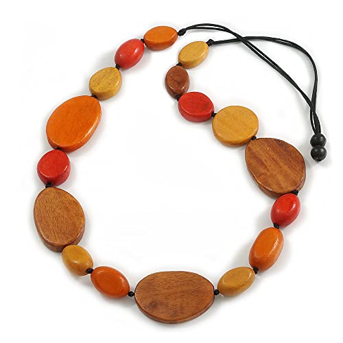 Long collier en perles de bois marron jaune orange réglable 100cm