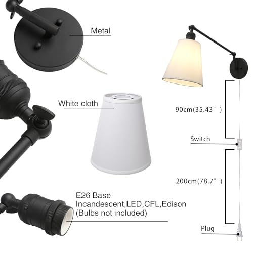 Image of PERMO Retro Swing Arm Wall Sconce Plug in Wall Lamp Black Single Sconce with White Fabric Shade Wall Light Fixture for Bedroom Living Room Office