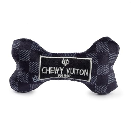 Haute Diggity Dog Chewy Vuiton Bone Plush Squeaky Dog Toy, Soft Durable Designer-Inspired Stuffed Puppy Chew Toys for Small & Medium Dogs, Machine-Washable (Black Checker) Small