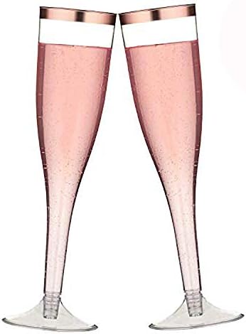 LOMOFI Rose Gold Glitter Plastic Champagne Flutes With Rose Gold Rimmed - 5.5Oz 30 Pack | Disposable Cups Wedding Holiday Toasting Wine Glasses - Party Cocktail Cups