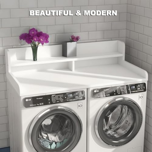 IFIAM 2-Tier Washer Dryer Countertop with 2.8" H Edge Rails, 54" W x 27.5" D Wood Laundry Table for Folding Clothes, Top of Washer and Dryer Organizer Shelf, White by IFIAM - Image 5