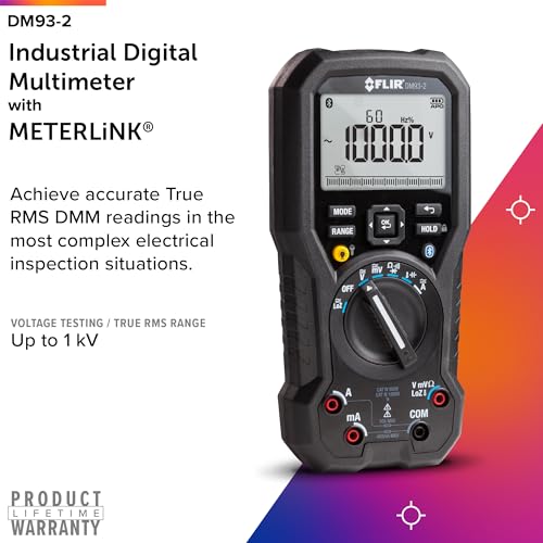 Image of FLIR DM93-2 True RMS Industrial Digital Multimeter | 5-digit dual display, LED backlight, VFD mode, LoZ, LED worklights, METERLiNK, leads, temp probe