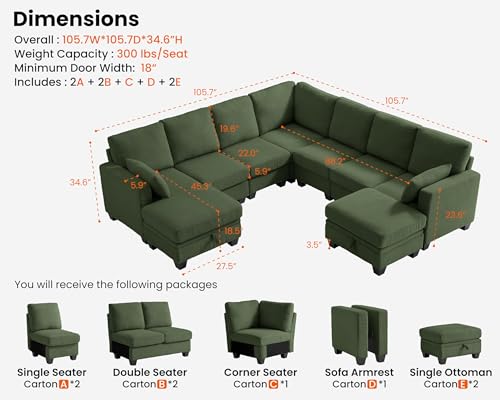 Image of CHIC HOUSE Modular Corner Sectional Sofa with Storage Ottoman, Corduroy L-Shaped Couch, Compact Small Space Furniture for Living Room & Apartment, (Green, 9 Seater L-Shaped)