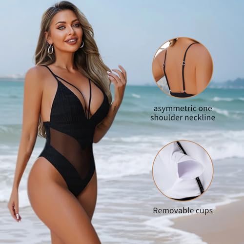 Womens One Piece Swimsuits-Sexy Deep V Neckline Tummy Control Bathing Suit Slimming Mesh Swimwear ﻿2