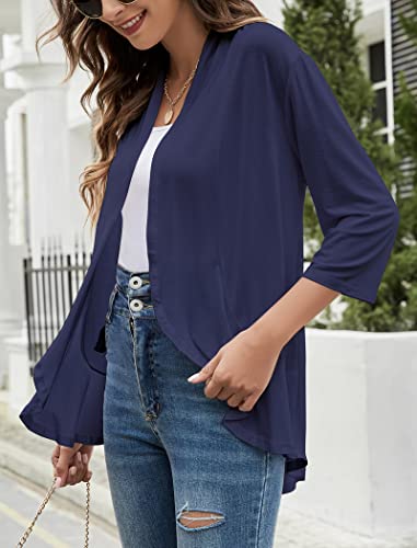 Image of Yekaty Women Cardigan 3 /4 Sleeves Open Front Lightweight Cardigan Draped Ruffles Knit Cardigan