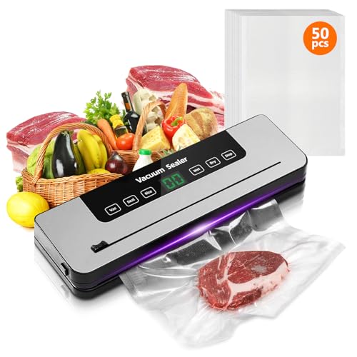 Vacuum Sealer Machine with 50 Vacuum Bags, 6 in 1 Food Vacuum Sealer with Intelligent Display and Built-In Cutter, for Keeping Meat Vegetables Snacks Fruits Grains Fresh